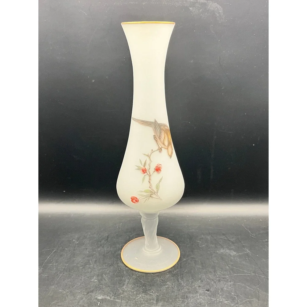 Vtg Norleans White Satin Frosted‎ Glass Bud Vase Bird Gold Rim Pedestal 60s 10